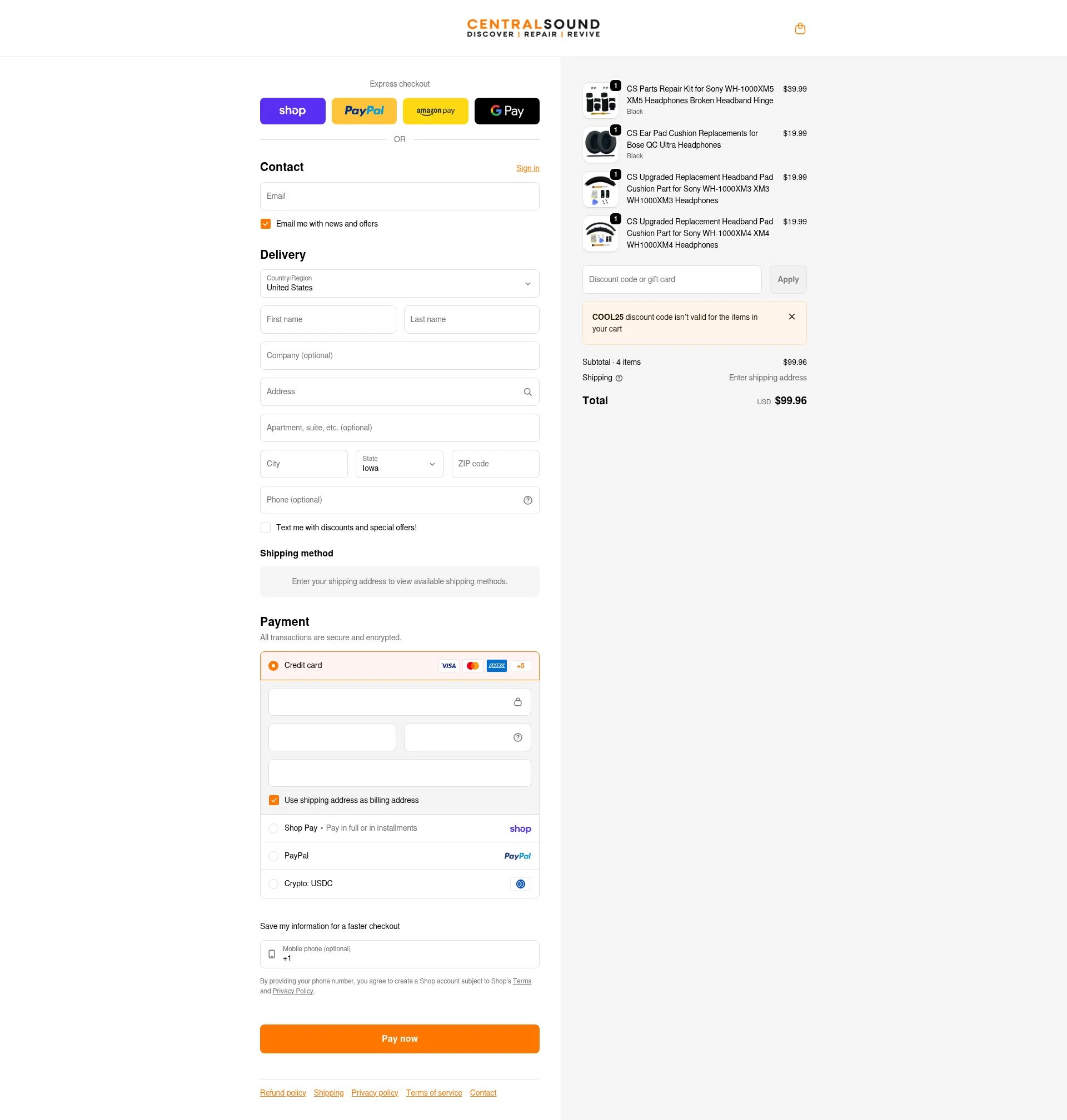 CentralSound checkout page showing CentralSound promo code box | Screenshot taken by SimplyCodes community member on Jan 31, 2026