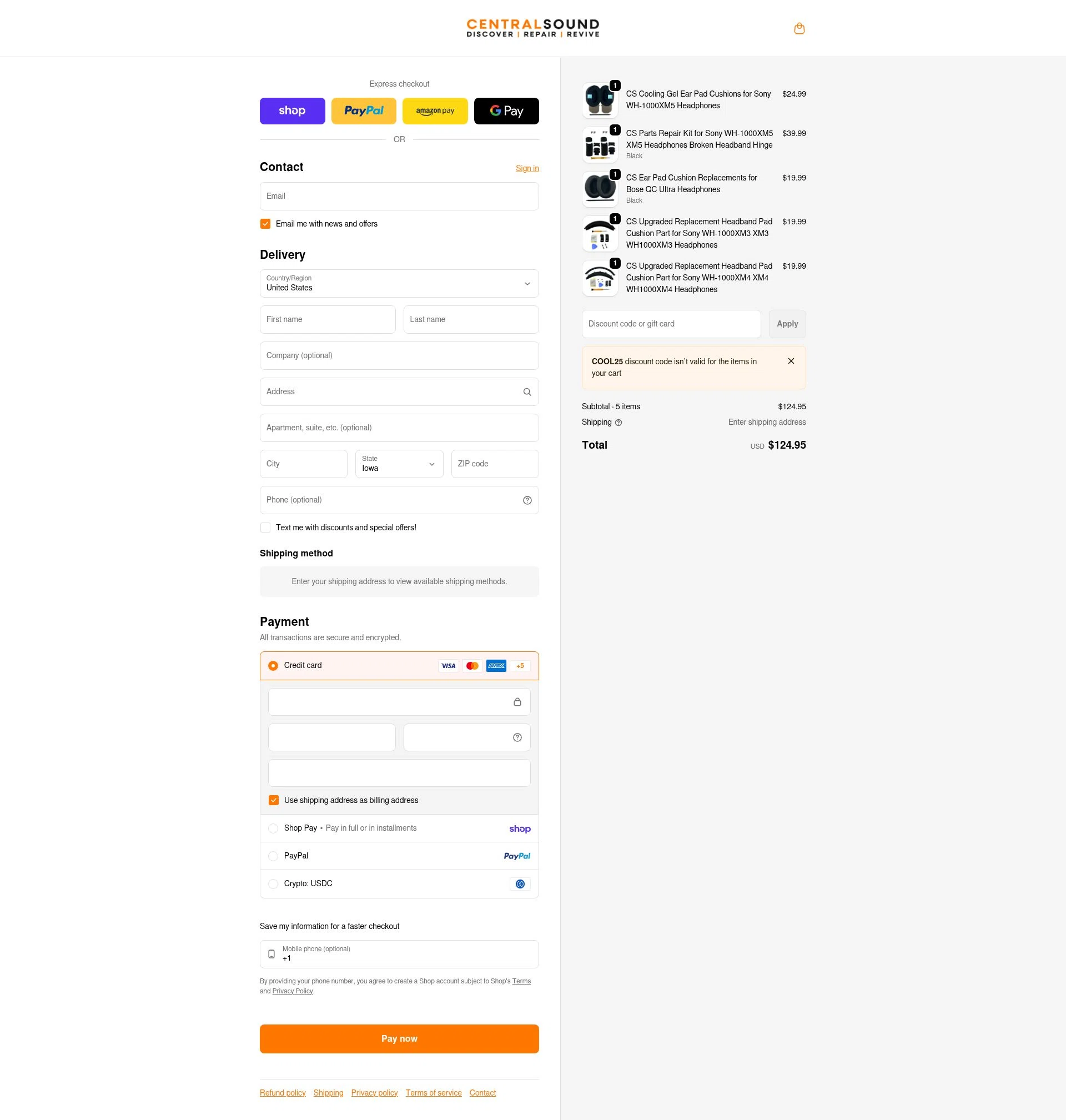 CentralSound checkout page showing CentralSound promo code box | Screenshot taken by SimplyCodes community member on Feb 13, 2026