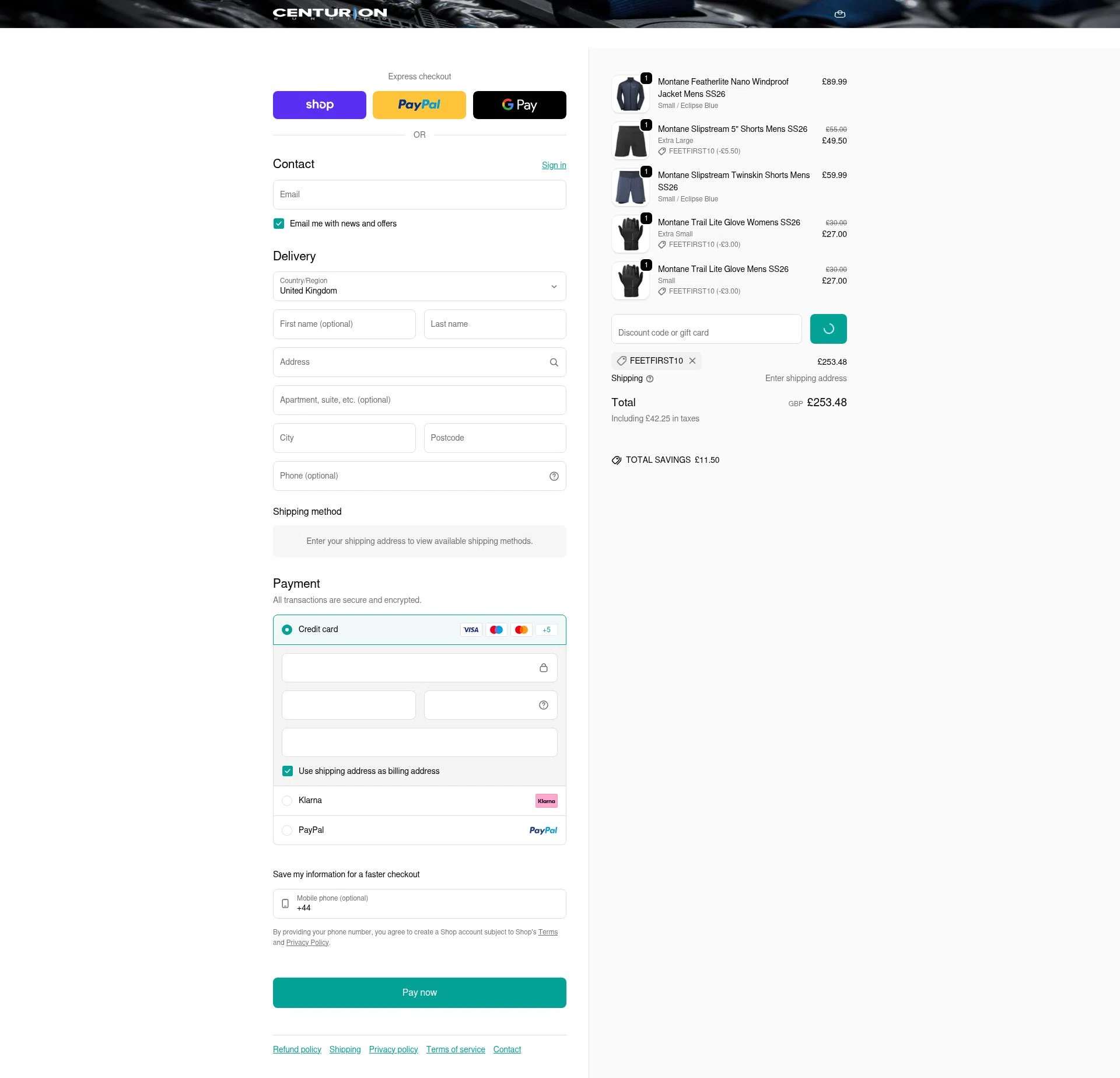 Centurion Running checkout page showing Centurion Running promo code box | Screenshot taken by SimplyCodes community member on Feb 8, 2026