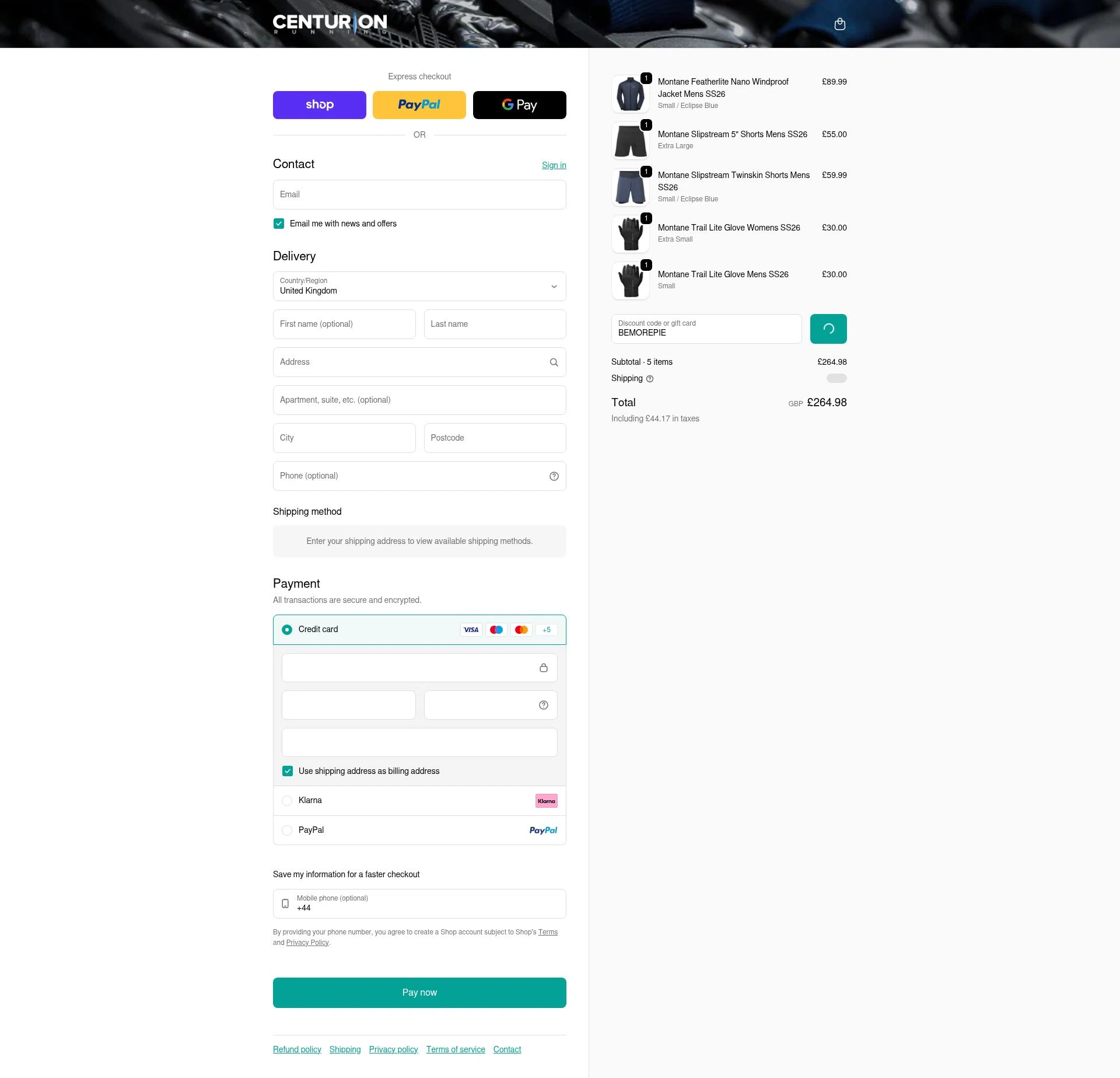 Centurion Running checkout page showing Centurion Running promo code box | Screenshot taken by SimplyCodes community member on Feb 4, 2026