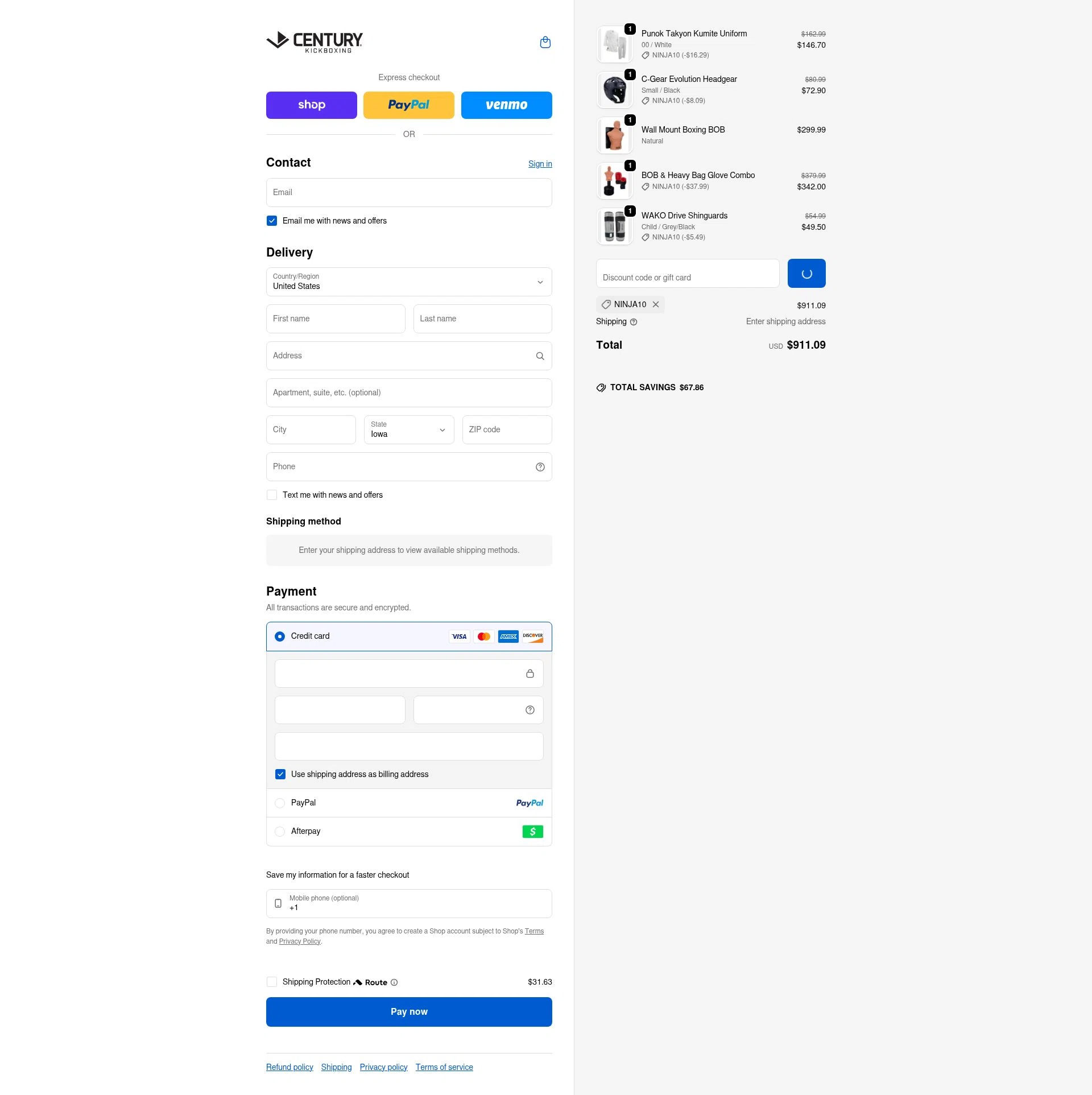 Century Kickboxing checkout page showing Century Kickboxing discount code box | Screenshot taken by SimplyCodes community member on Feb 18, 2026