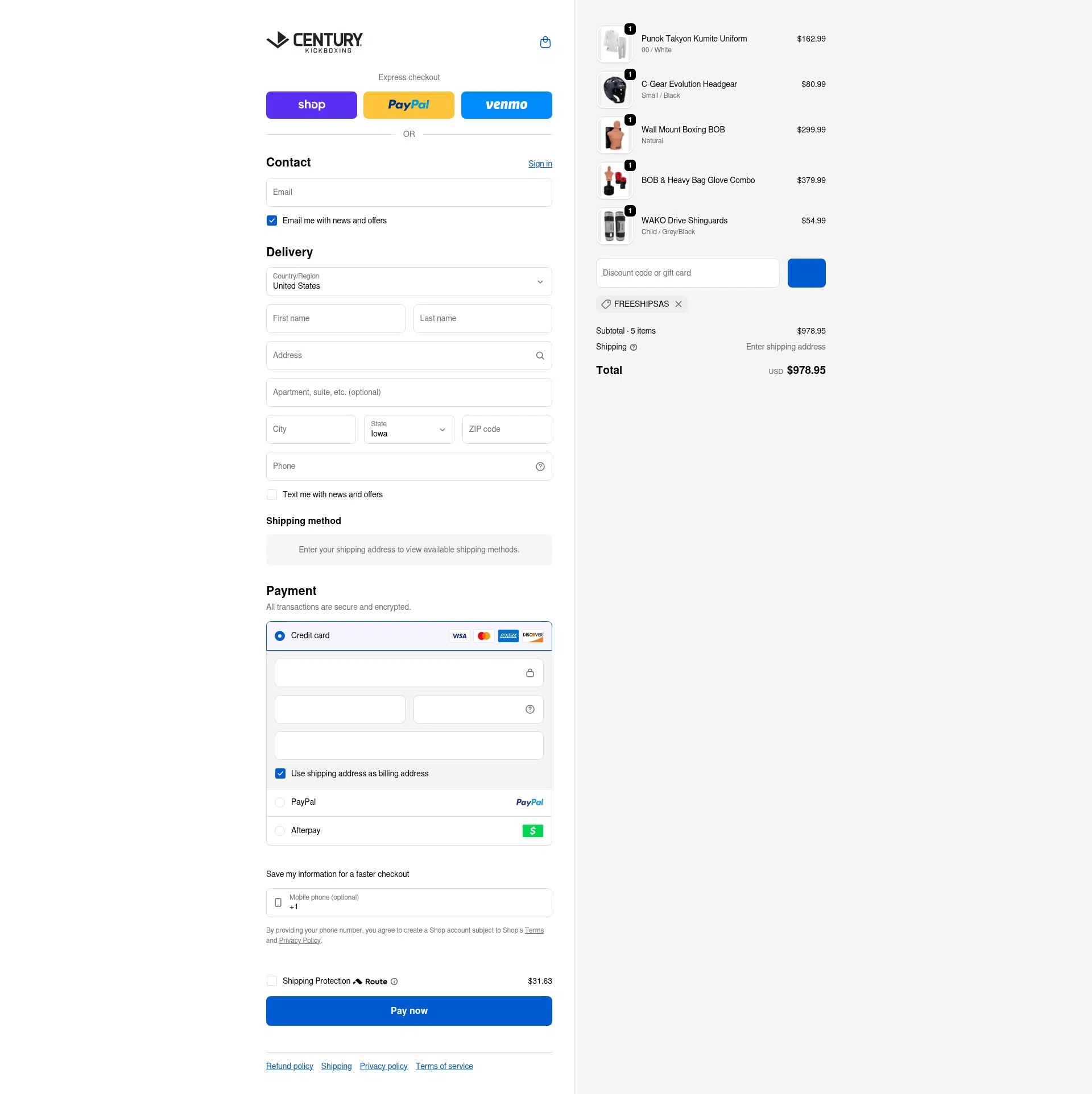Century Kickboxing checkout page showing Century Kickboxing discount code box | Screenshot taken by SimplyCodes community member on Feb 18, 2026