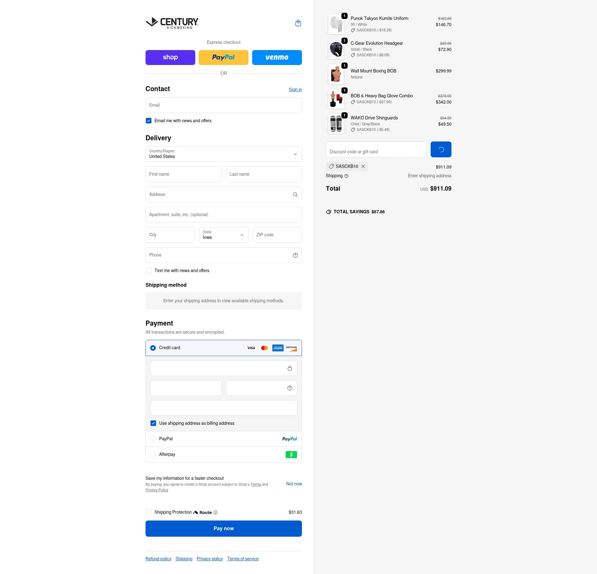 Century Kickboxing checkout page showing Century Kickboxing discount code box | Screenshot taken by SimplyCodes community member on Feb 18, 2026