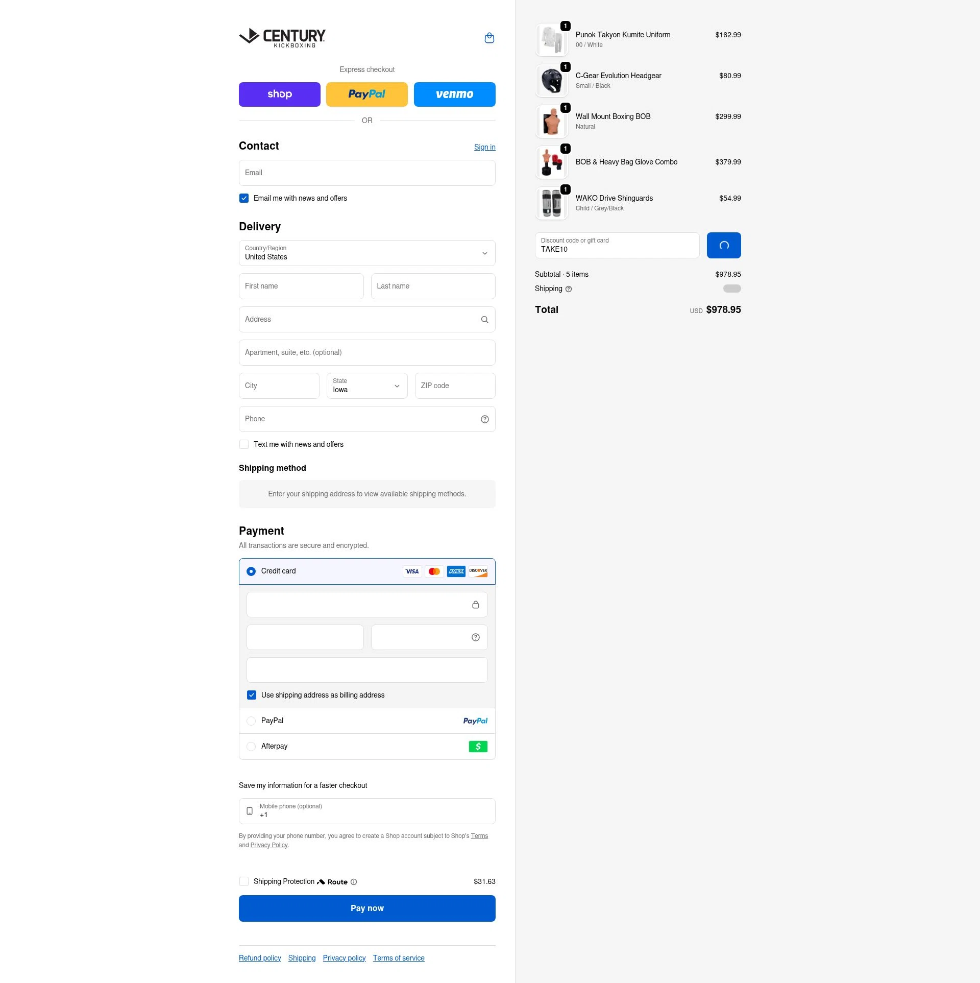 Century Kickboxing checkout page showing Century Kickboxing discount code box | Screenshot taken by SimplyCodes community member on Feb 18, 2026