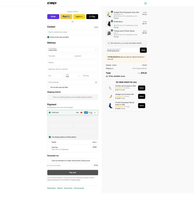 CEP Running checkout page showing CEP Running promo code box | Screenshot taken by SimplyCodes community member on Aug 31, 2025
