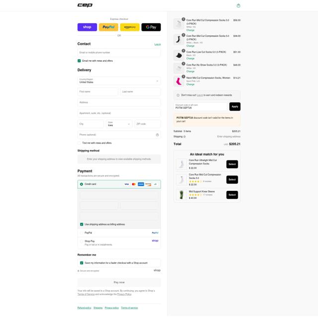 CEP Running checkout page showing CEP Running promo code box | Screenshot taken by SimplyCodes community member on Sep 8, 2025