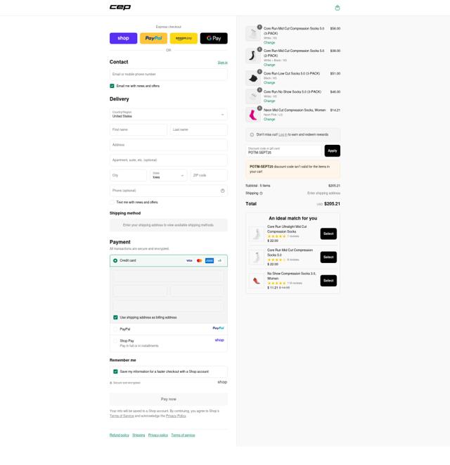 CEP Running checkout page showing CEP Running promo code box | Screenshot taken by SimplyCodes community member on Sep 12, 2025
