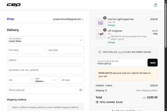CEP Running checkout page showing CEP Running promo code box | Screenshot taken by SimplyCodes community member on Sep 4, 2025