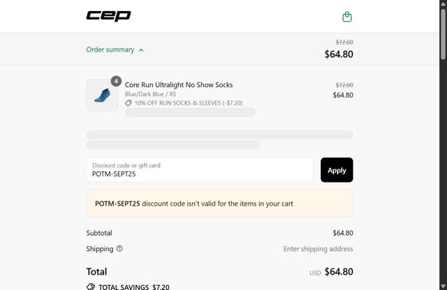 CEP Running checkout page showing CEP Running promo code box | Screenshot taken by SimplyCodes community member on Sep 1, 2025