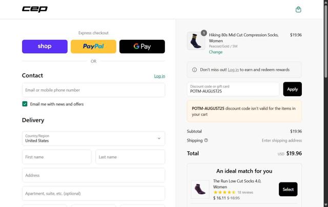 CEP Running checkout page showing CEP Running promo code box | Screenshot taken by SimplyCodes community member on Aug 29, 2025