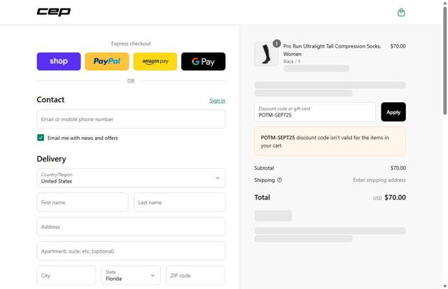 CEP Running checkout page showing CEP Running promo code box | Screenshot taken by SimplyCodes community member on Sep 12, 2025