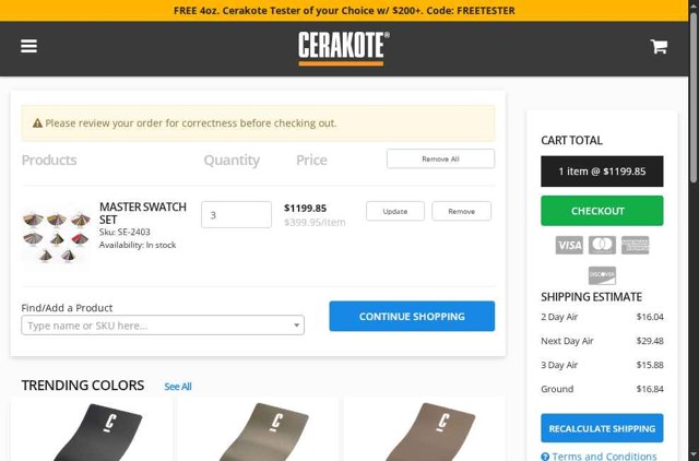 Cerakote checkout page showing Cerakote promo code box | Screenshot taken by SimplyCodes community member on Jun 19, 2025