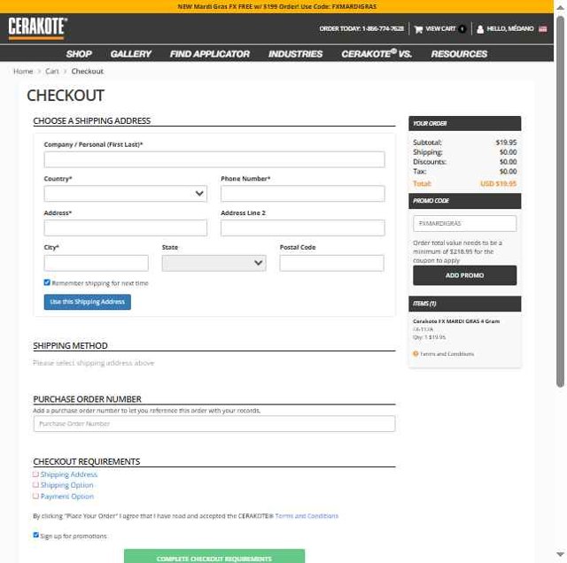 Cerakote checkout page showing Cerakote promo code box | Screenshot taken by SimplyCodes community member on Apr 29, 2025