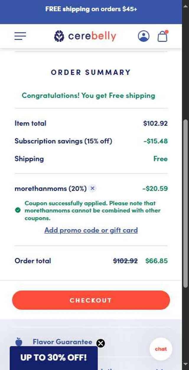 Cerebelly checkout page showing Cerebelly promo code box | Screenshot taken by SimplyCodes community member on Aug 7, 2025