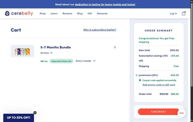 Cerebelly checkout page showing Cerebelly promo code box | Screenshot taken by SimplyCodes community member on Aug 6, 2025
