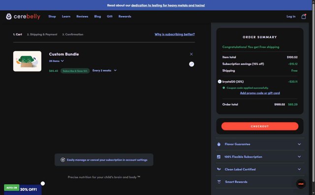 Cerebelly checkout page showing Cerebelly promo code box | Screenshot taken by SimplyCodes community member on Aug 17, 2025