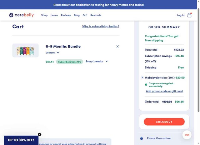 Cerebelly checkout page showing Cerebelly promo code box | Screenshot taken by SimplyCodes community member on Sep 5, 2025