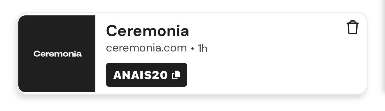 Ceremonia promo code screenshot showing code ANAIS20 applied at Ceremonia checkout page. Uploaded by SimplyCodes community member FortunatePro9173 on Feb 10, 2026