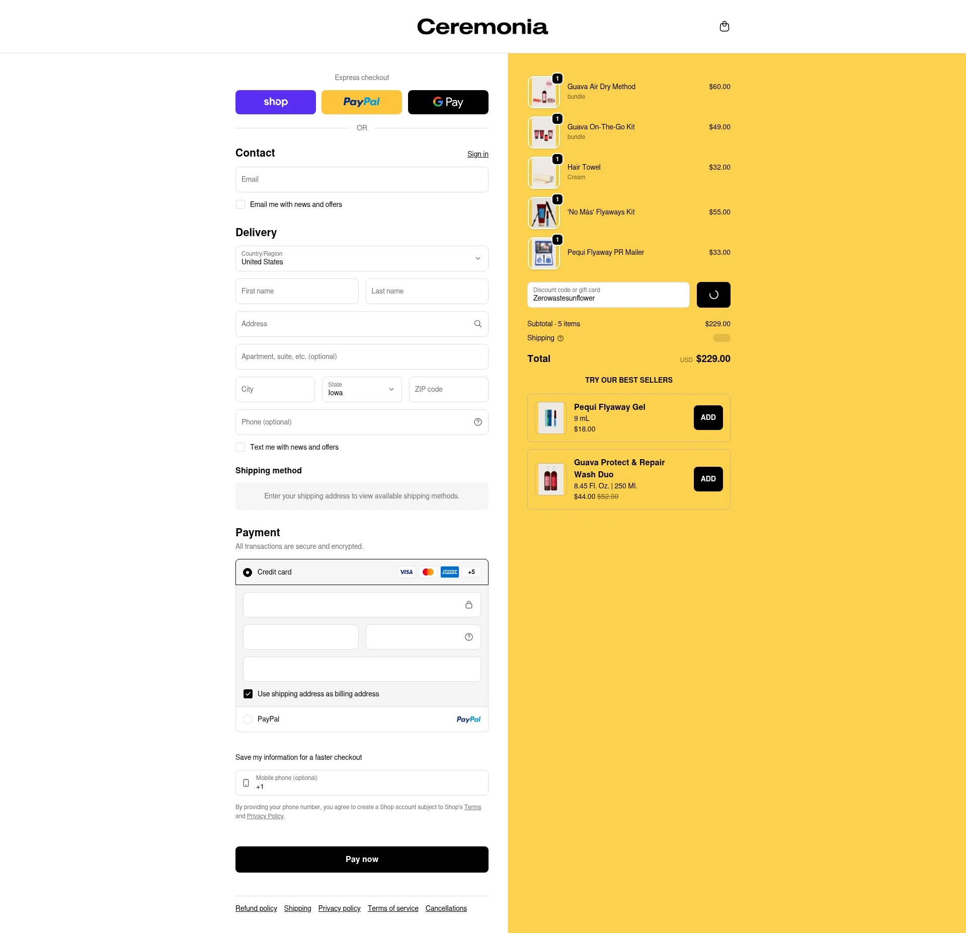 Ceremonia checkout page showing Ceremonia promo code box | Screenshot taken by SimplyCodes community member on Feb 17, 2026