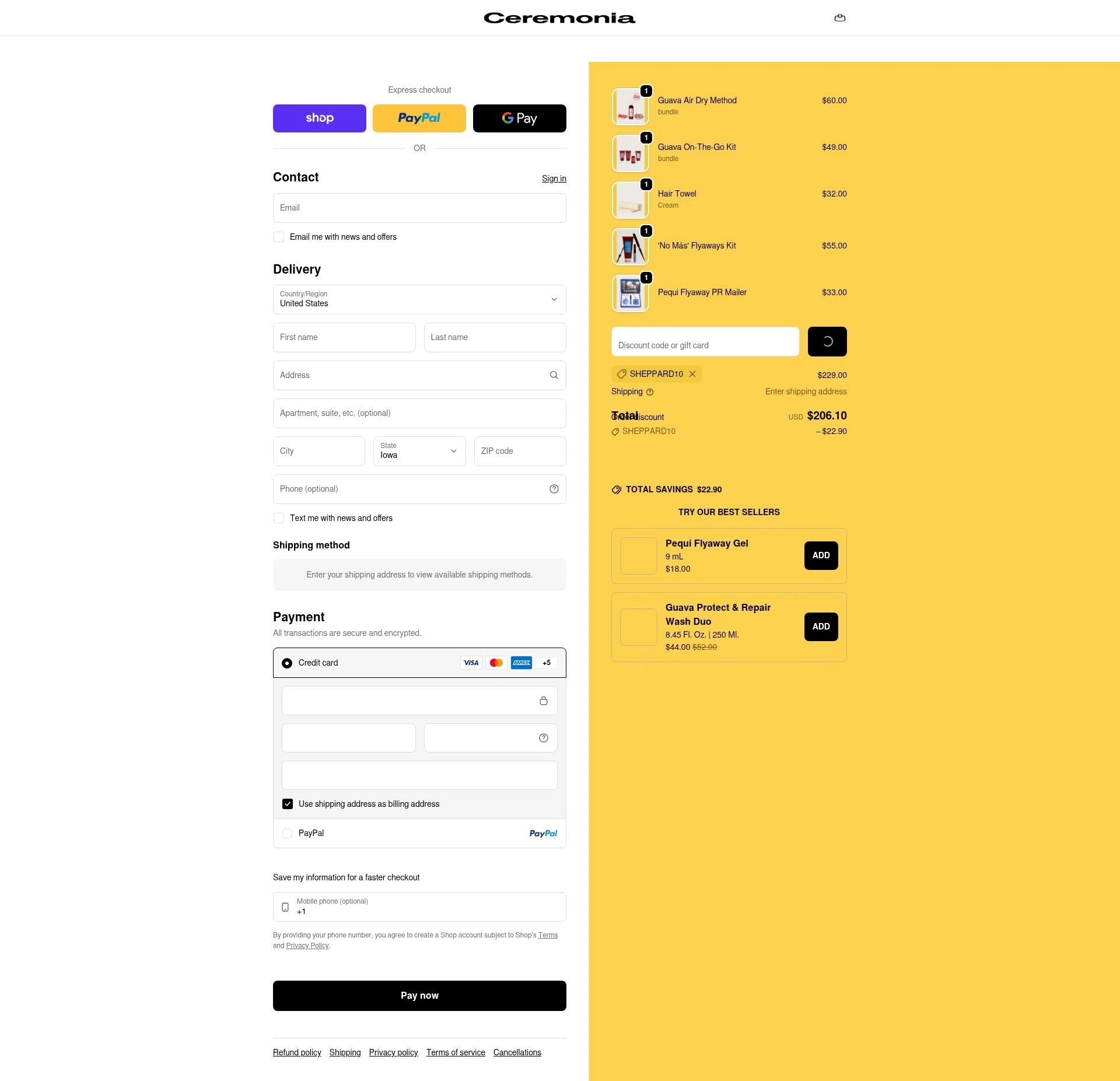 Ceremonia checkout page showing Ceremonia promo code box | Screenshot taken by SimplyCodes community member on Feb 17, 2026