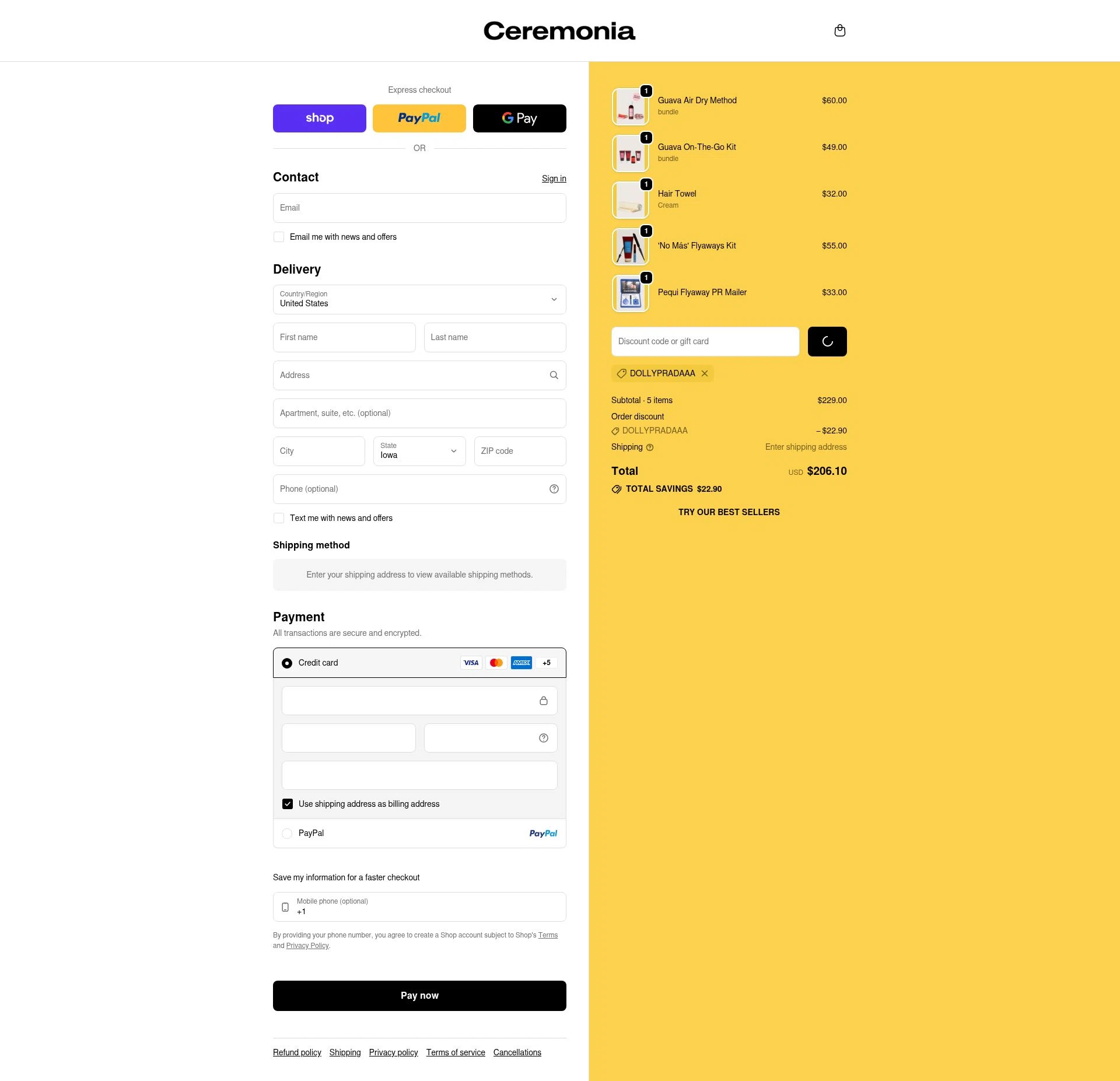 Ceremonia checkout page showing Ceremonia promo code box | Screenshot taken by SimplyCodes community member on Feb 17, 2026