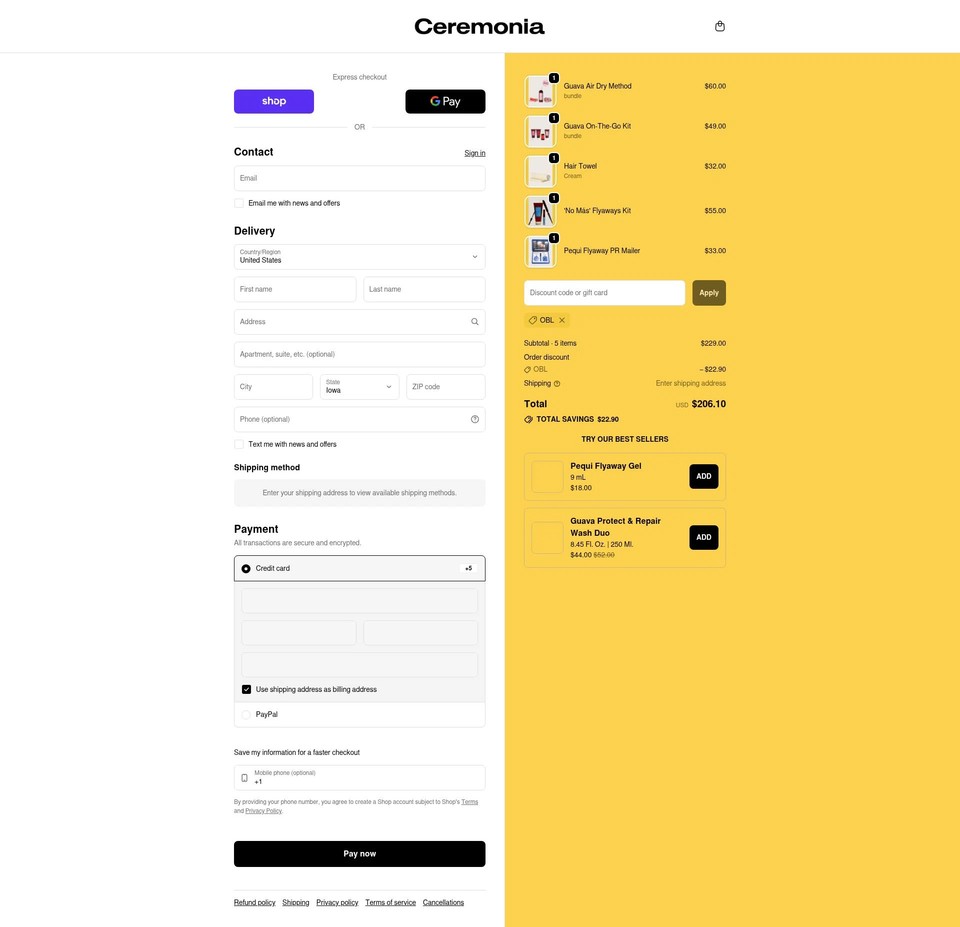 Ceremonia checkout page showing Ceremonia promo code box | Screenshot taken by SimplyCodes community member on Feb 17, 2026
