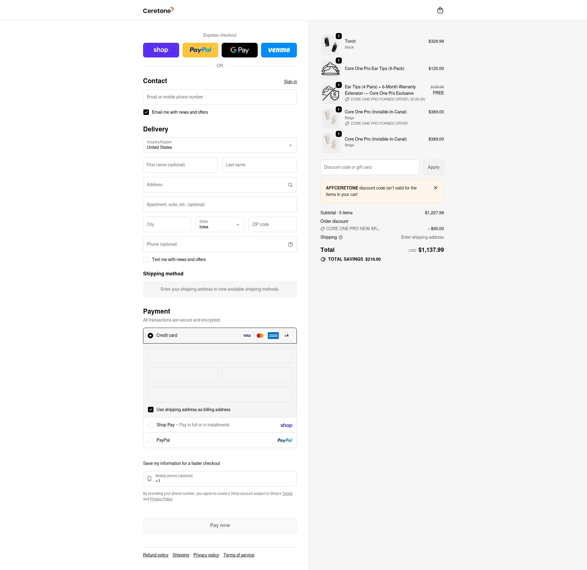 Ceretone checkout page showing Ceretone coupon code box | Screenshot taken by SimplyCodes community member on Feb 19, 2026