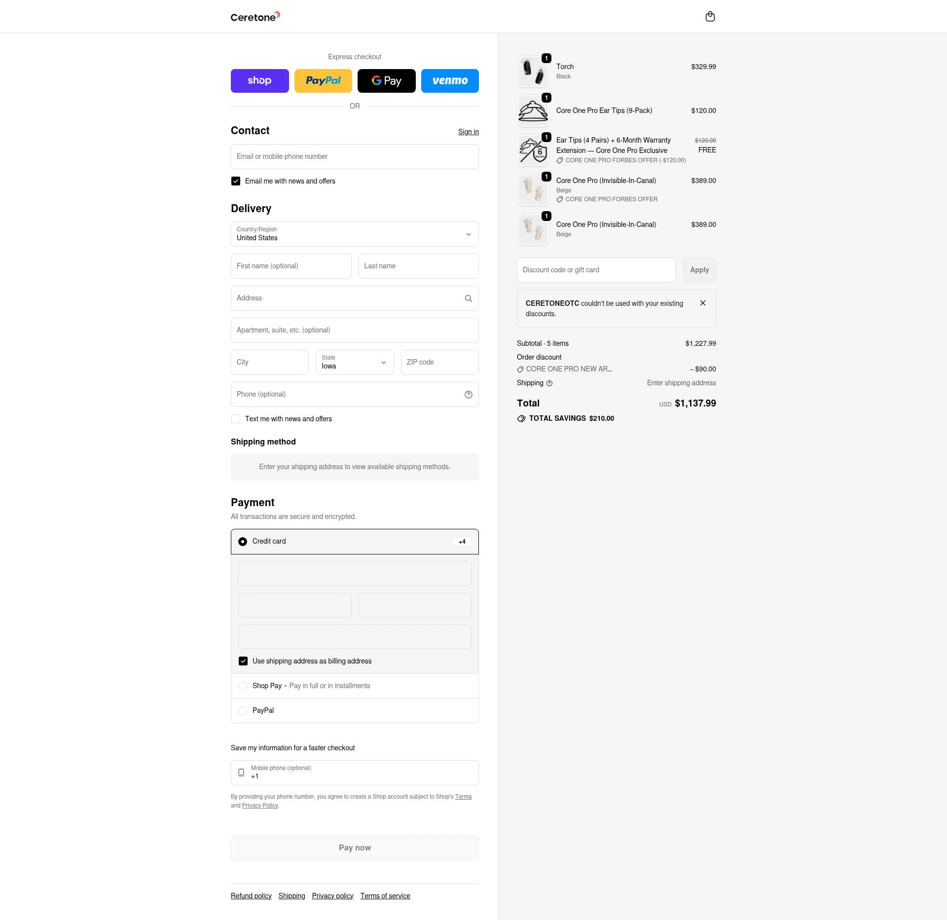 Ceretone checkout page showing Ceretone coupon code box | Screenshot taken by SimplyCodes community member on Feb 19, 2026