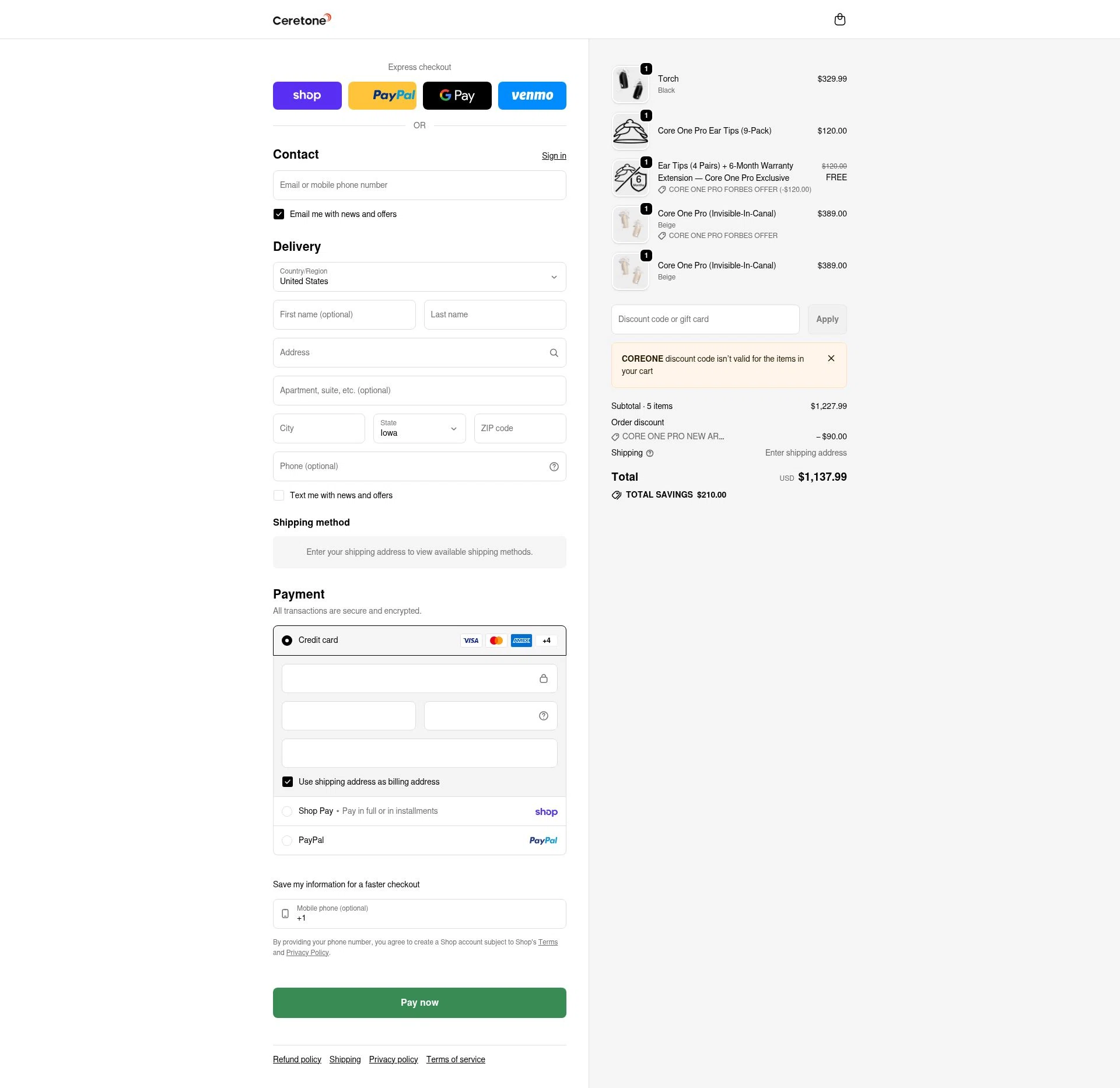Ceretone checkout page showing Ceretone coupon code box | Screenshot taken by SimplyCodes community member on Feb 15, 2026