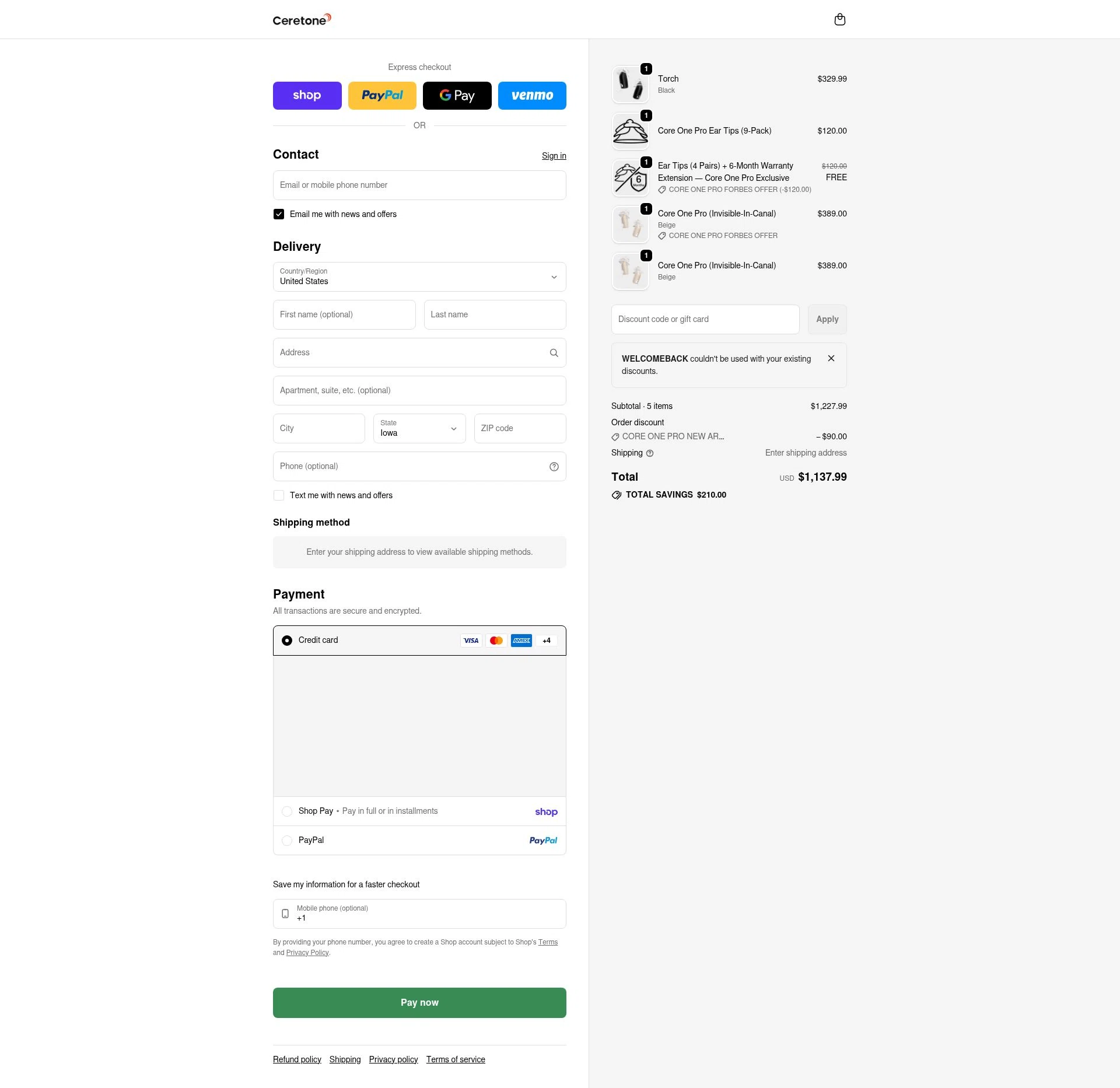 Ceretone checkout page showing Ceretone coupon code box | Screenshot taken by SimplyCodes community member on Feb 15, 2026