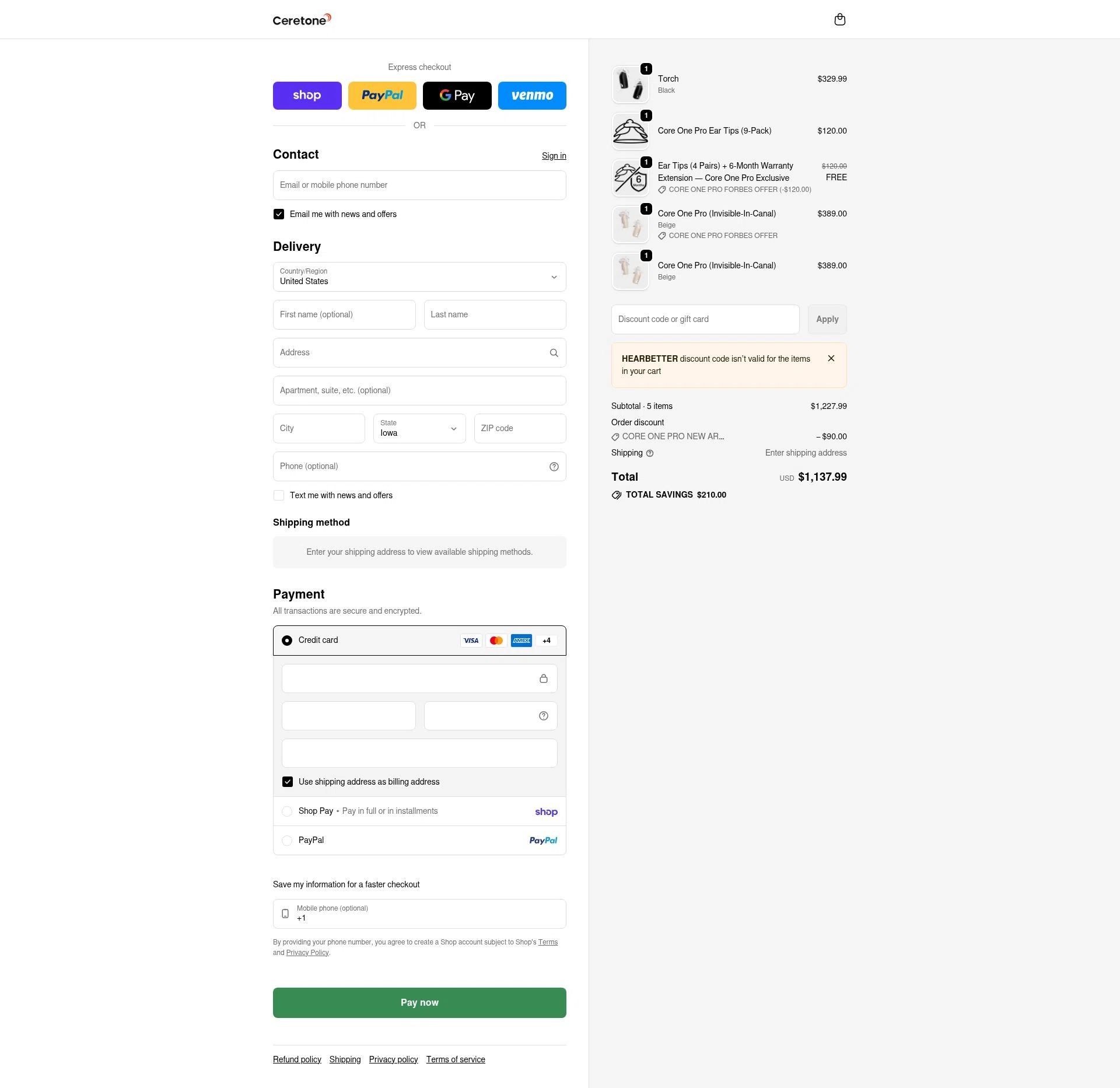 Ceretone checkout page showing Ceretone coupon code box | Screenshot taken by SimplyCodes community member on Feb 15, 2026
