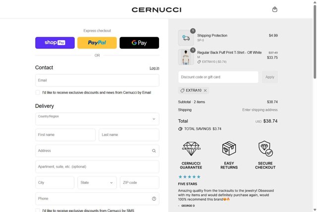 Cernucci checkout page showing Cernucci discount code box | Screenshot taken by SimplyCodes community member on Aug 25, 2025