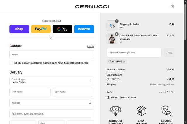 Cernucci checkout page showing Cernucci discount code box | Screenshot taken by SimplyCodes community member on Sep 2, 2025