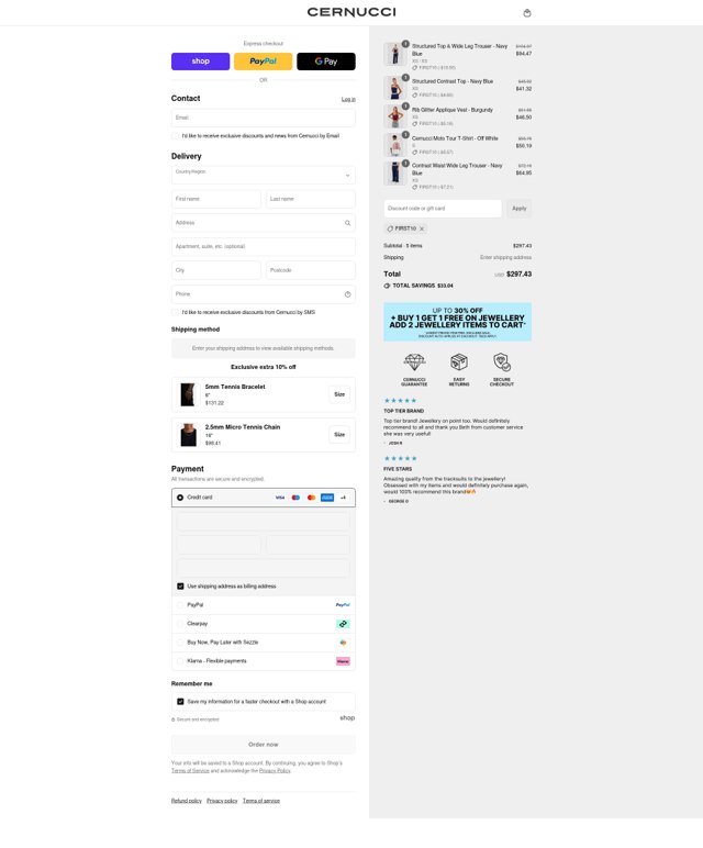 Cernucci checkout page showing Cernucci discount code box | Screenshot taken by SimplyCodes community member on Sep 2, 2025