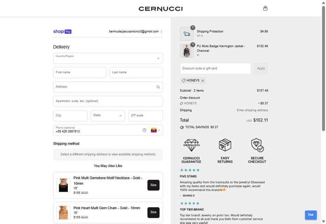 Cernucci checkout page showing Cernucci discount code box | Screenshot taken by SimplyCodes community member on Aug 25, 2025