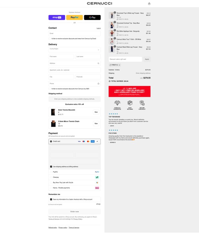 Cernucci checkout page showing Cernucci discount code box | Screenshot taken by SimplyCodes community member on Aug 20, 2025