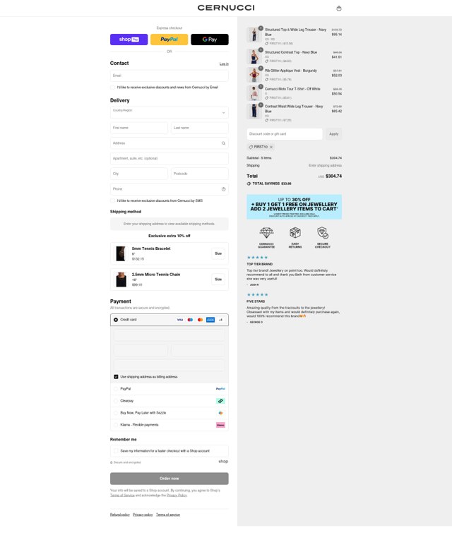 Cernucci checkout page showing Cernucci discount code box | Screenshot taken by SimplyCodes community member on Aug 25, 2025