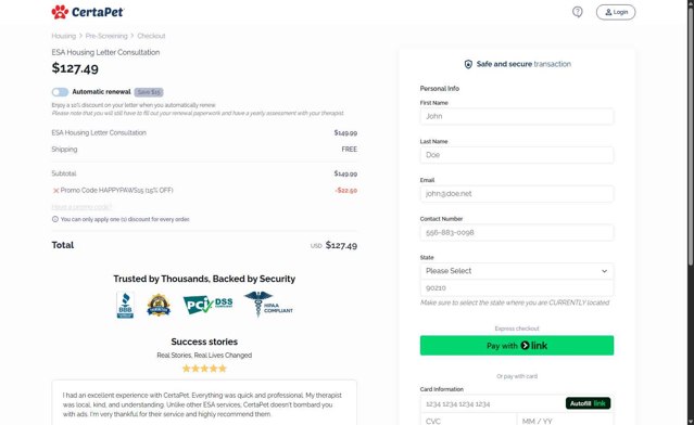 CertaPet checkout page showing CertaPet promo code box | Screenshot taken by SimplyCodes community member on Aug 14, 2025