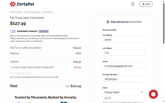 CertaPet checkout page showing CertaPet promo code box | Screenshot taken by SimplyCodes community member on Aug 11, 2025