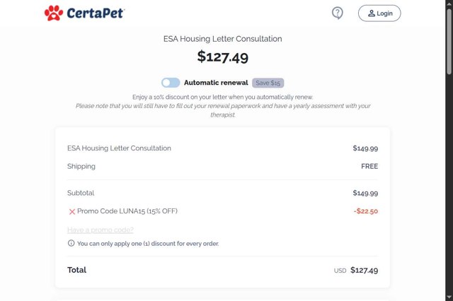 CertaPet checkout page showing CertaPet promo code box | Screenshot taken by SimplyCodes community member on Aug 1, 2025