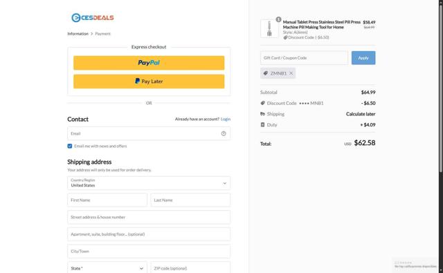 Cesdeals checkout page showing Cesdeals coupon code box | Screenshot taken by SimplyCodes community member on Aug 16, 2025
