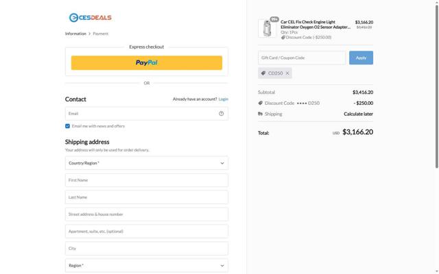 Cesdeals checkout page showing Cesdeals coupon code box | Screenshot taken by SimplyCodes community member on Sep 16, 2025