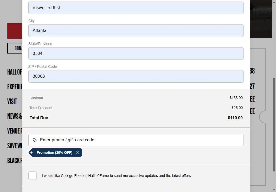 College Football Hall of Fame checkout page showing College Football Hall of Fame promo code box | Screenshot taken by SimplyCodes community member on Dec 4, 2025
