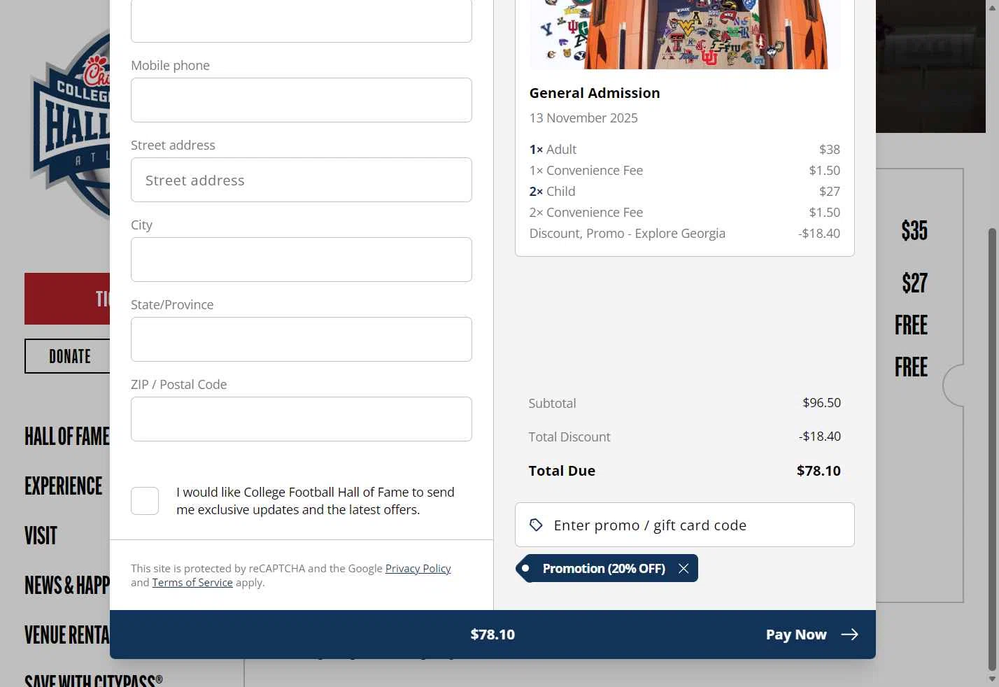 College Football Hall of Fame checkout page showing College Football Hall of Fame promo code box | Screenshot taken by SimplyCodes community member on Nov 5, 2025