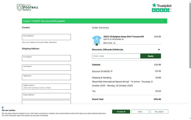 Classic Football Shirts UK checkout page showing Classic Football Shirts UK promo code box | Screenshot taken by SimplyCodes community member on Sep 15, 2025