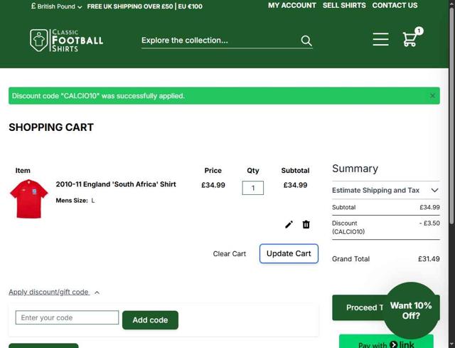 Classic Football Shirts UK checkout page showing Classic Football Shirts UK promo code box | Screenshot taken by SimplyCodes community member on Sep 9, 2025