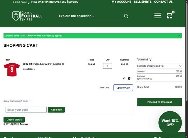 Classic Football Shirts UK checkout page showing Classic Football Shirts UK promo code box | Screenshot taken by SimplyCodes community member on Sep 9, 2025