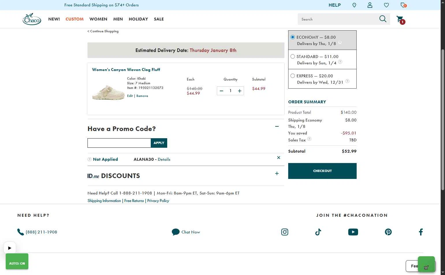 Chaco checkout page showing Chaco promo code box | Screenshot taken by SimplyCodes community member on Dec 27, 2025