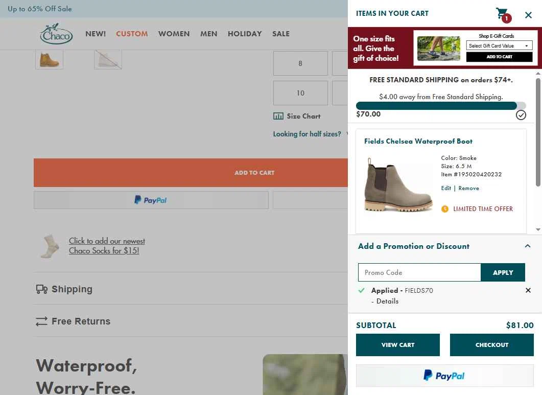 Chaco checkout page showing Chaco promo code box | Screenshot taken by SimplyCodes community member on Dec 21, 2025