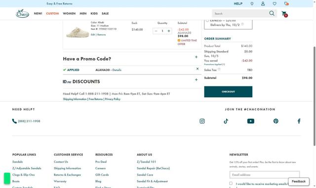 Chaco checkout page showing Chaco promo code box | Screenshot taken by SimplyCodes community member on Sep 29, 2025